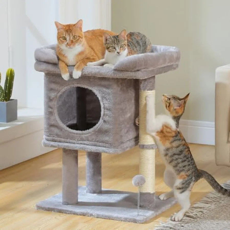 

Cat Tree for Indoor Cats 26 Inch Cat Tower with Large Perch Private Condo Small Spring Ball and 2 Scratching s for s-Gray