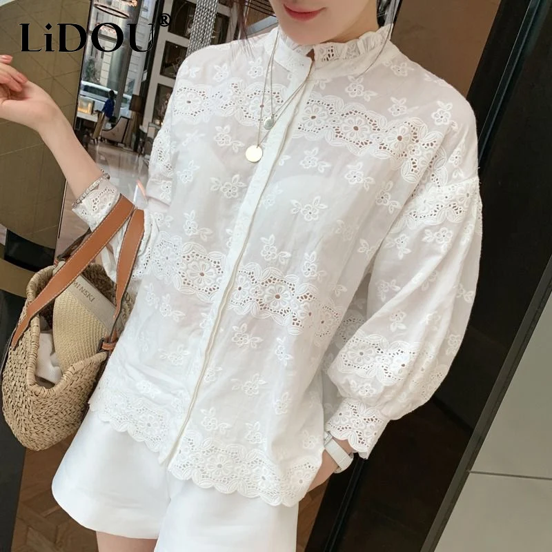 Spring Solid Color Cotton Shirt French Style Embroidered Edible Tree Fungus Single Breasted Cardigan Round Neck Puff Sleeve Tops