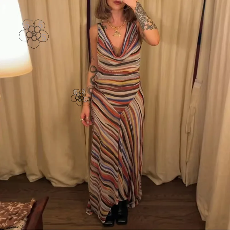 

2026 Spring New Women's Fashion Elegant Swinging Collar Colored Striped Sleeveless Dress