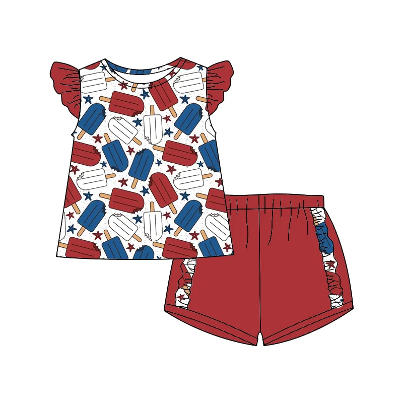 Boutique Kids Summer Costume Set Pentagram Popsicle Print Red White Blue 7.4 Independence Day Costume Baby Holiday Set