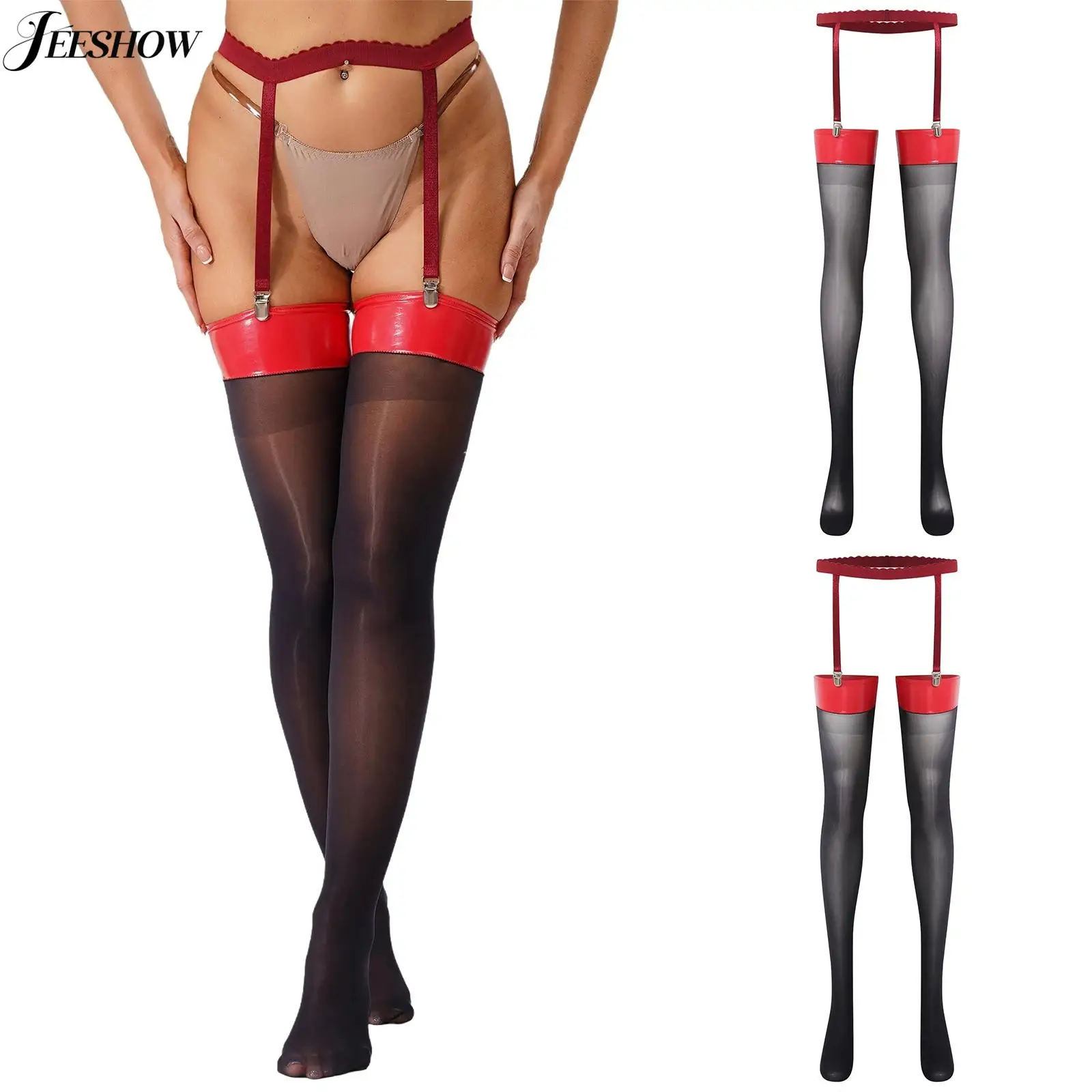 

Womens Patent Leather Patchwork Thigh High Stockings with Elastic Waistband Garters Sheer Suspender Tights Lingerie Nightwear