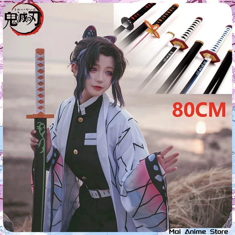 

80cm Demon Slayer Katana Swords Wooden Kimetsu No Yaiba Tanjirou Zenitsu Sword Cosplay Prop Ninja Blade Weapon Katana Model Toys