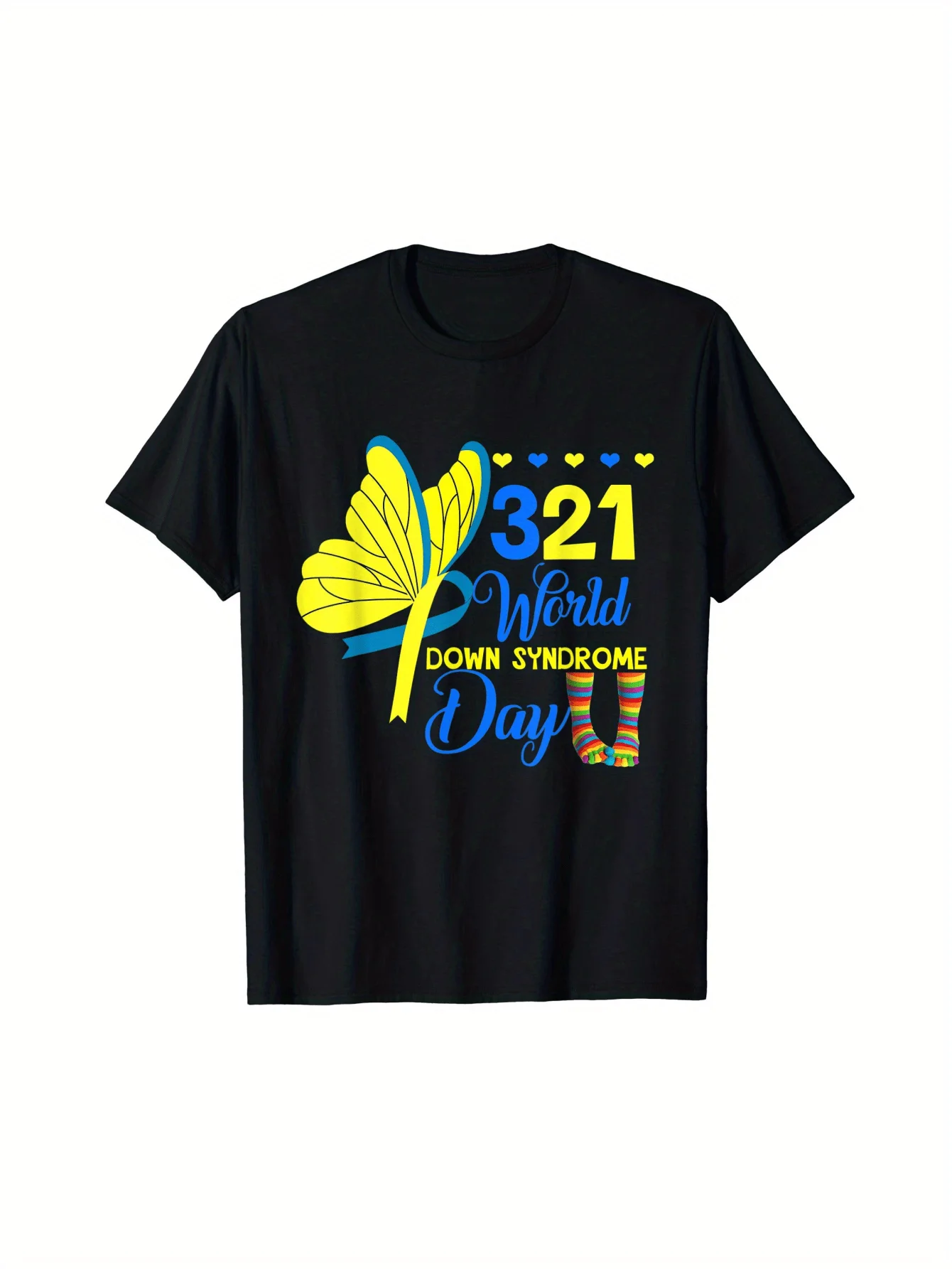 World Syndrome Day Awareness T-Shirt Black CottonPuzzle Piece Butterfly DesignCrew NeckShort SleeveMachine Washa