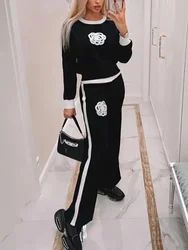 Fall Winter Women Suit Knitted Casual Sweater Women Two Piece Pants Sets Chic Flower Appliques Beaded Knitwear Trousers Suits