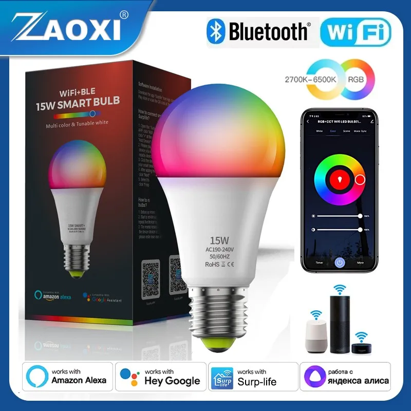 

ZAOXI Wif+Ble+2.4G E26/E27 Smart Light Bulb 15W RGBWW Dimming Home Indoor Lighting LED Lamp Alexa Google Voice Assistant Control