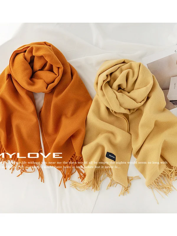 Solid Color Warm Imitation Cashmere Scarf For Women Luxury Brand Winter Shawl Wraps Thick Blanket Square Tassel Stoles Pashmina