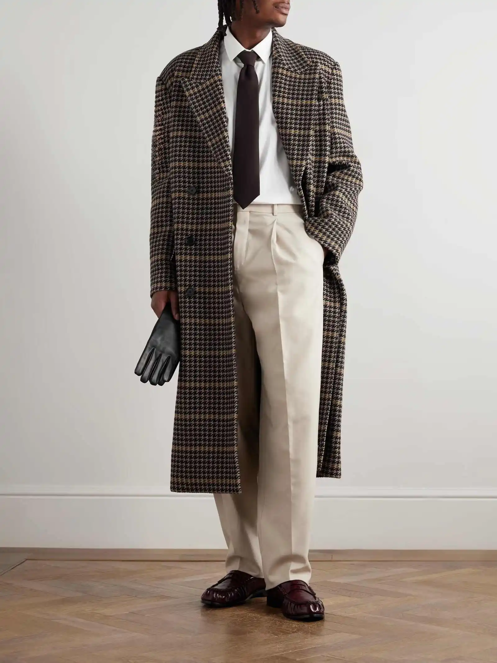 Classic Men's Houndstooth Wool Blends Trench Coat Double Breasted Peaked Lapel Long Overcoat Formal Outwear Custom Made
