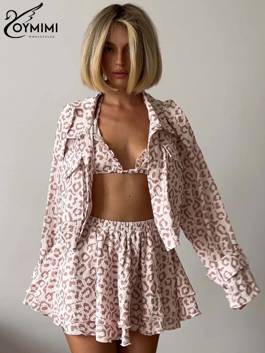 Oymimi Elegant Light Pink Cotton 3 Piece Sets Women Outfit Fashion Long Sleeve Pockets Shirt And Ruffled Bra + Pleated Skirt Set