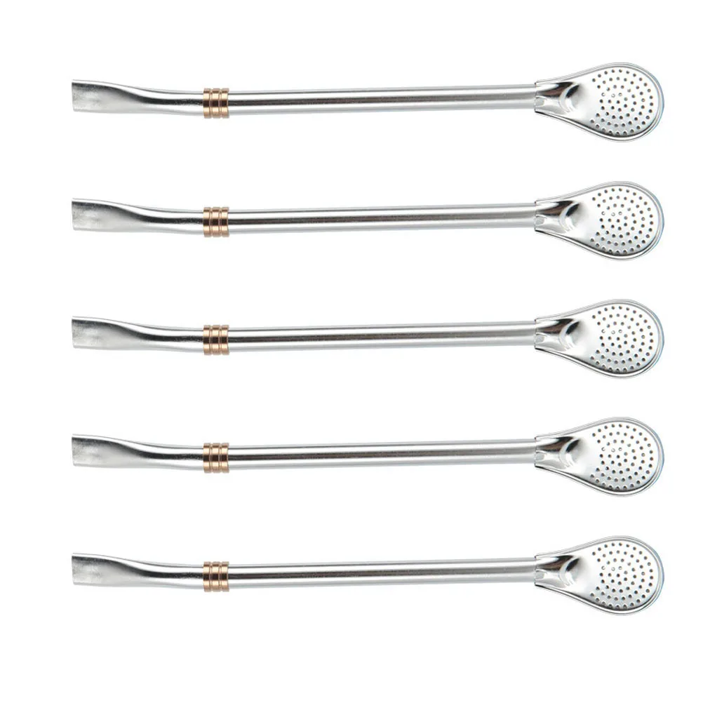 

5Pcs StainlessSteelStrawSpoon FlatMouth EasyDrink FilterableFork Stainless Steel Straw Spoon Strainer MixingStirring