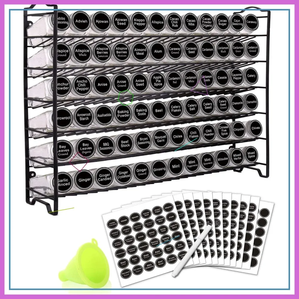 

72-Piece Spice Rack Organizer with Empty Jars, Labels, Chalk Marker & Funnel, Black, for Counter, Cabinet or Wall