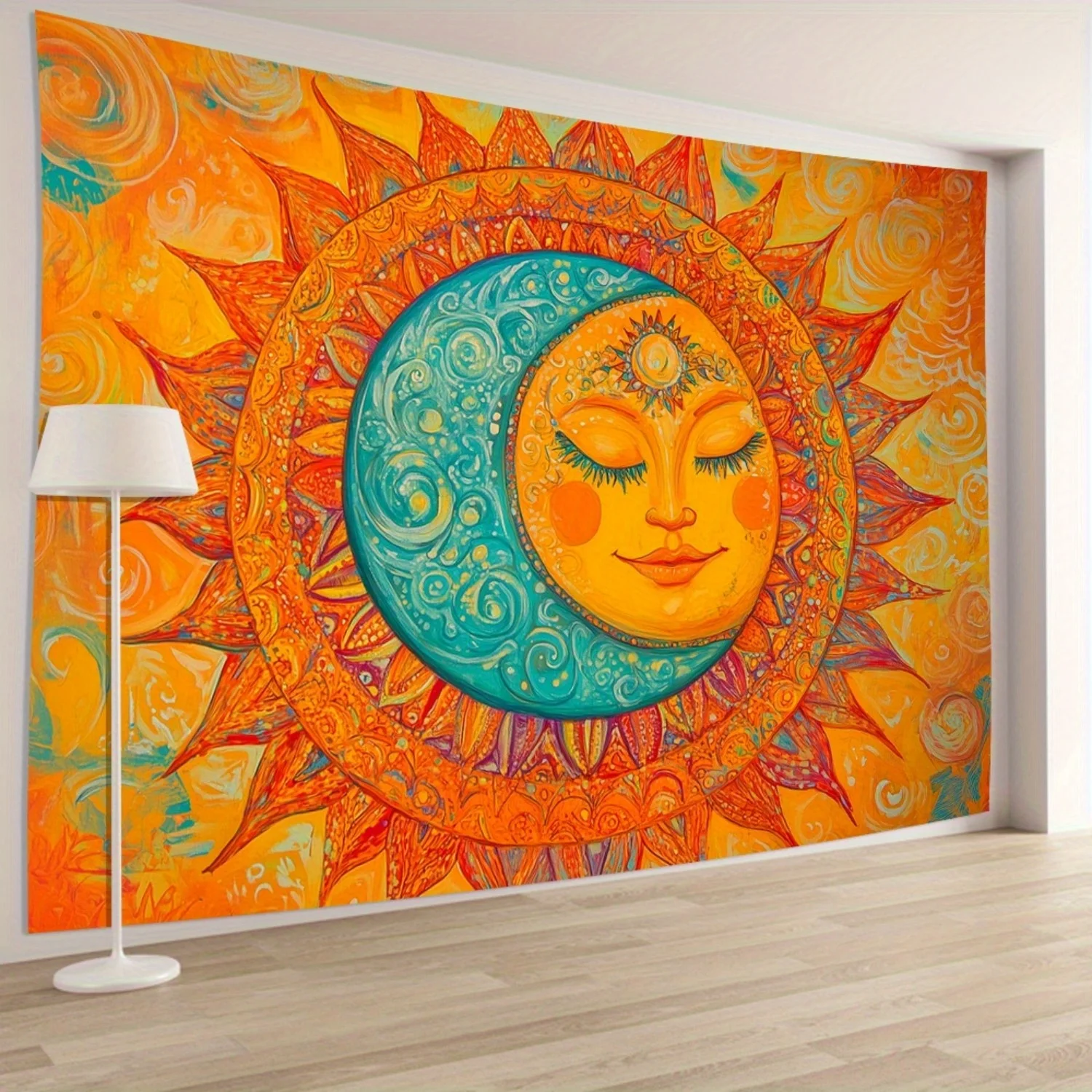 1 pieza de tapicería mandala retro psicodélica con sol y luna - Diseño floral vibrante, tejido de poliéster, fácil de colgar, pe