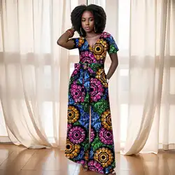 Afripride Africa Women's Jumpsuit Sexy Casual Ankara Printed Fabric Belt Trim Short Sleeve Jumpsuit 2429007