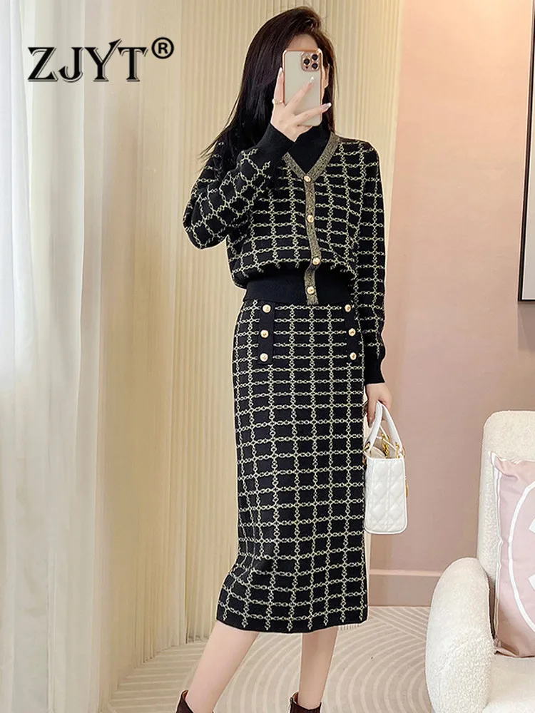 ZJYT Autumn Winter Geometric Patterns Knitted Sweater Skirt Sets Two Piece Womens Outfits Long Sleeve Vintage Dress Set Suits