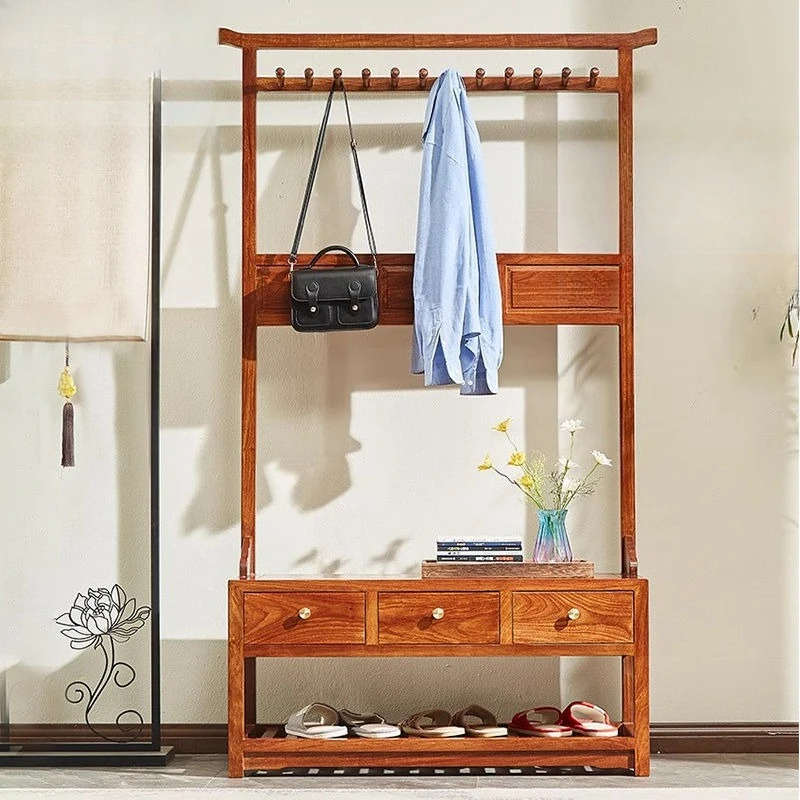 

Solid wood shoe rack, integrated mahogany floor-to-ceiling Chinese-style entrance entrance, shoe change and hanger