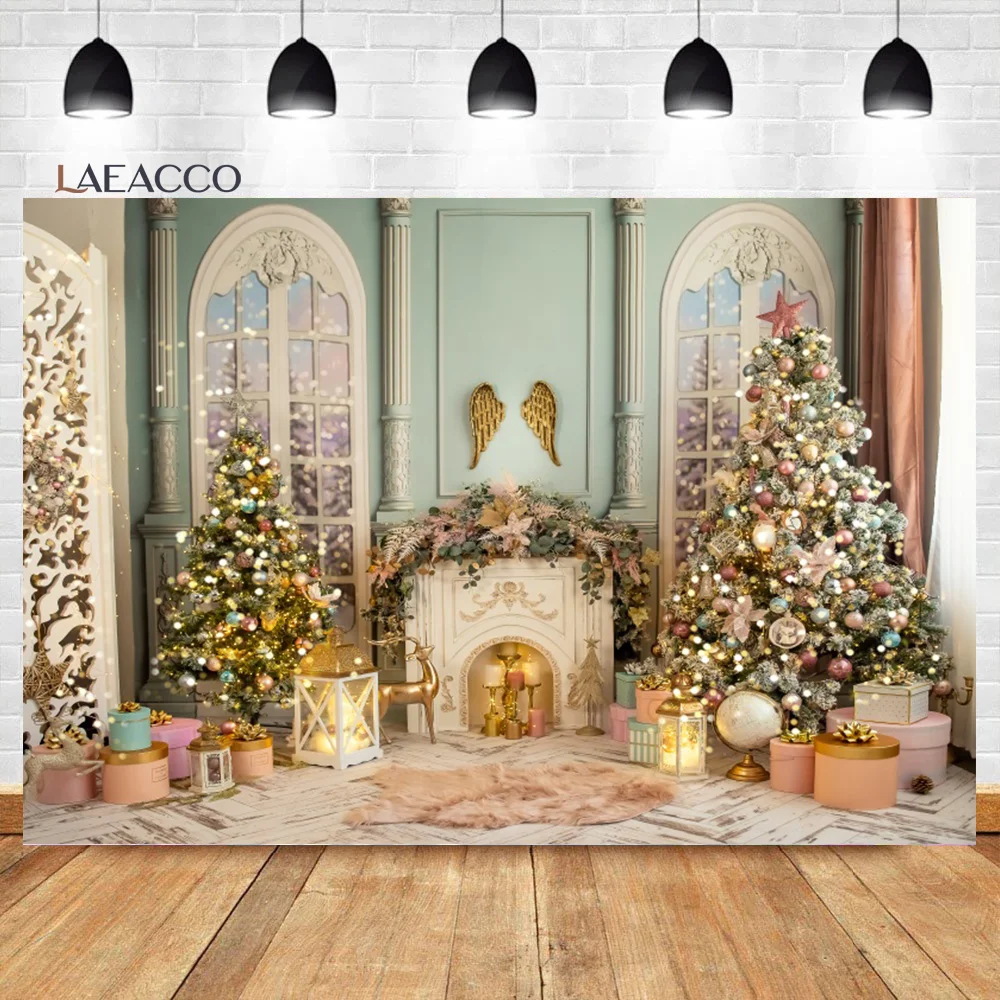 

Laeacco Christmas Photo Backdrop Interior Room Xmas Tree Fireplace Gift Wood Floor Kids Portrait Holiday Photography Background