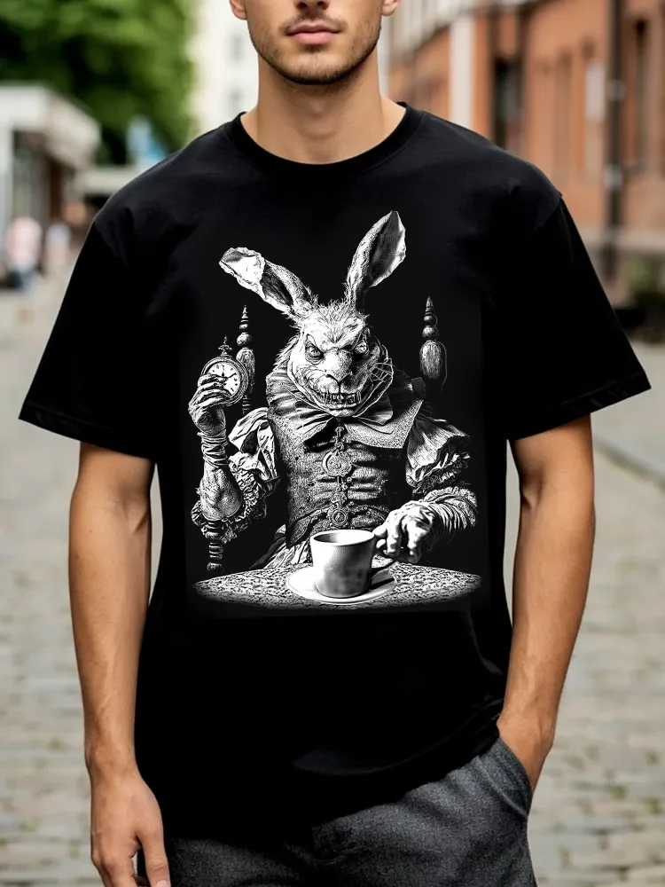 Alice in Wonderland White Rabbit T-Shirt Gothic Dark Art Sketch Graphic Tee Vintage Tea Cup Printed T-shirt  Casual Fashion Top