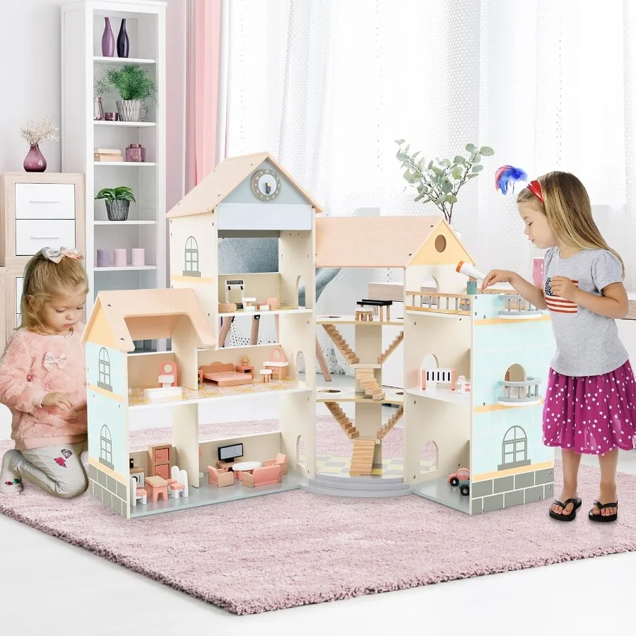 

Wooden Dollhouse for Kids, 3-Story Luxury Doll House with 41 Pieces Furniture Accessories, 8 Rooms, Stairs & Balcony, DIY Preten