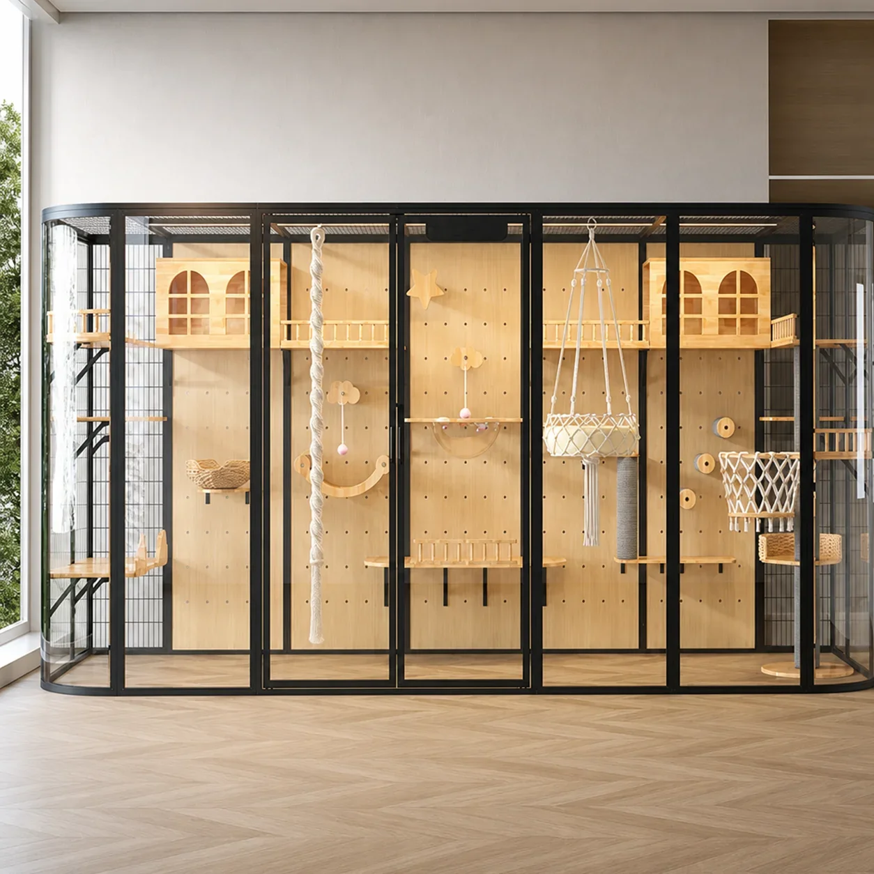 a forFactory Direct Pet Supplies Black Metal Frame Full Wire Mesh Enclosed Large Cat Villa for Global Pet Wholesalers