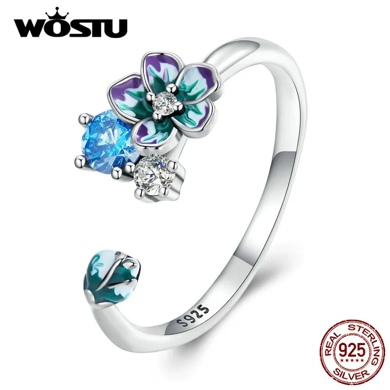 WOSTU 925 Sterling Silver Rainbow Enamel Flower Adjustable Rings Women Shiny Zircon Statement Ring Romantic Jewelry Party Gift