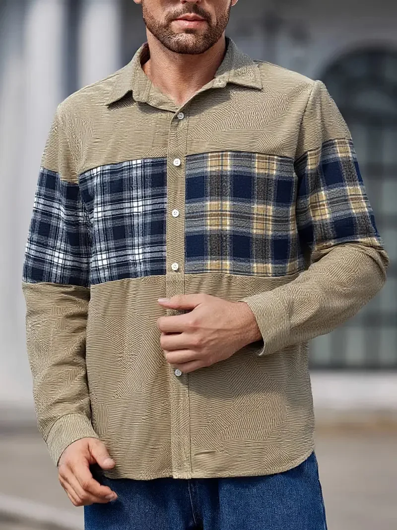 New Men Long Sleeve Shirt Ethnic Geometric Patchwork Print Turn Down Collar Casual Button Daily Tops Men's Clothing