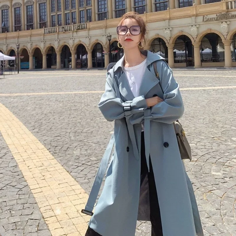 

Fall Fashion Trench Women Blue Lady Outwear Windbreaker Long Style Coat Baggy with Sashes Retro Temperament High Street Harajuku