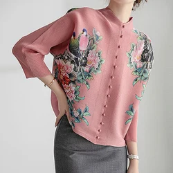 2023 New Sanzhai Pleated Print Top Spring/Summer Chinese Style Retro Loose Middle aged Mom Small Blouse Girl