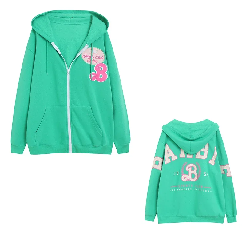 Barbie Letter Hooded  Printing Green Cartoon Age Reduction Zipper Sweatshirt Jacket Autumn Plus Velvet Fashion Versatile Female