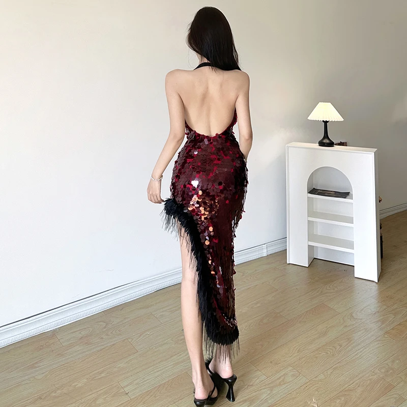 Designer Fujia Style Super Shiny Large Sequined Halter Dress Swing Collar Irregular -Fit Long Dress Fashion