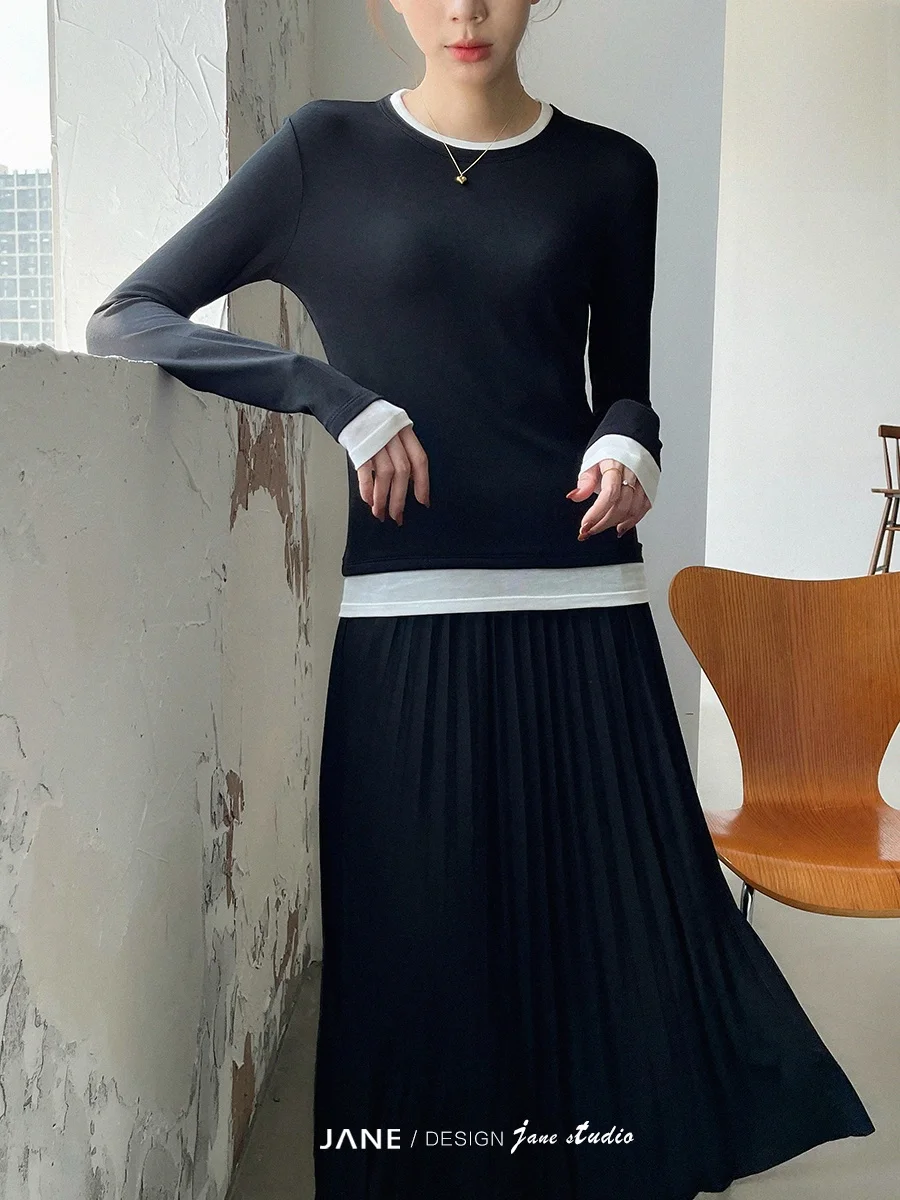 

JANE Women's Slim Fit Long Sve Knitted Base irt Color Blo Collar T-irt Sle Autumn Winter Faion Inner Wear Top