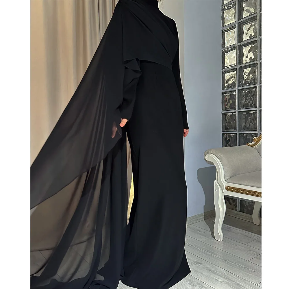 

Elegant Evening Dress Black Chiffon High Collar Long Sleeves Modest Evening Gowns for Women 2025 Floor Length Column Formal Gown