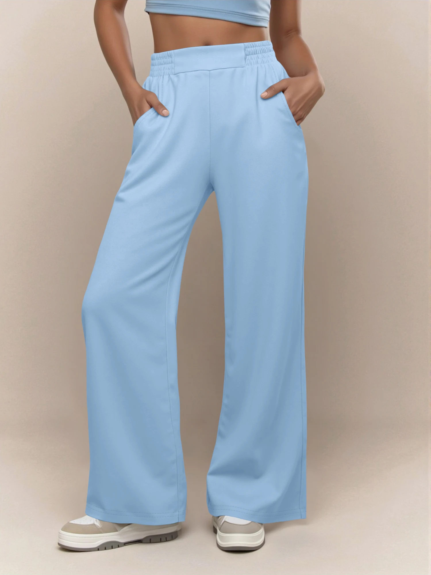 Women Women Elastic Waist Wide Leg Sweatpants Soft Flowy Fabric Loose Trousers With Pockets Lounge Wear Bottoms - Aliexpress Deal