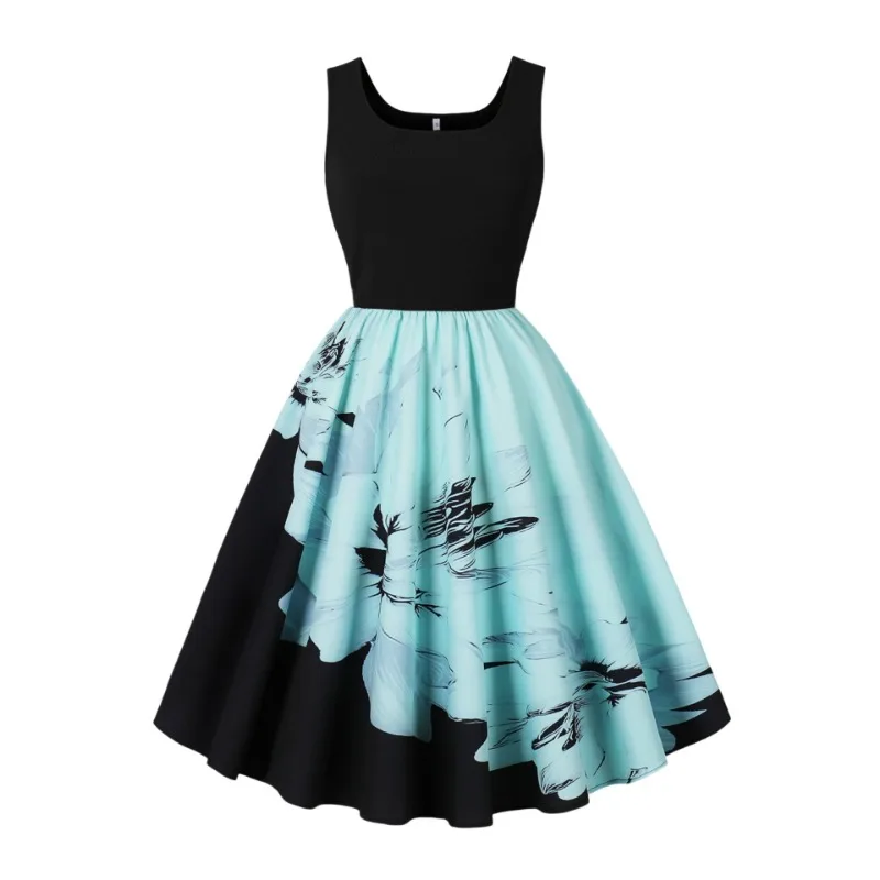 2025 Nieuwe Zomer Hepburn Retro Vrouwen Tank Top Kraag Mouwloze Jurk Streetwear 50 S 60 S Zwart Splice Print grote Hanger Jurken