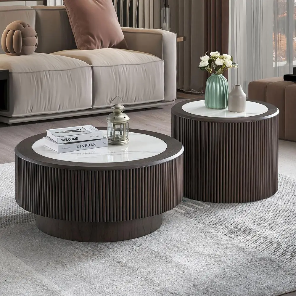 

Modern Faux Marble Coffee Table Set Round End Tables for Living Room MDF Pedestal Base 31.5 & 23.62 Inch Dark Brown