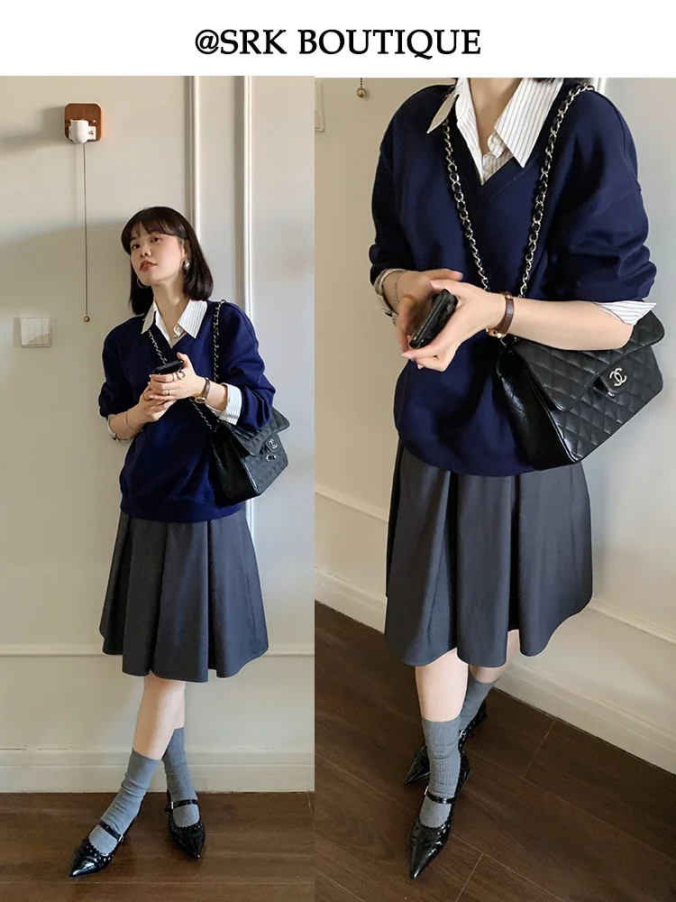 

SRK Ранняя весна Универсальная юбка-трапеция Простая высококачественная плиссированная юбка Faion Ele с высокой талией из полиэстера и смеси хлопка...