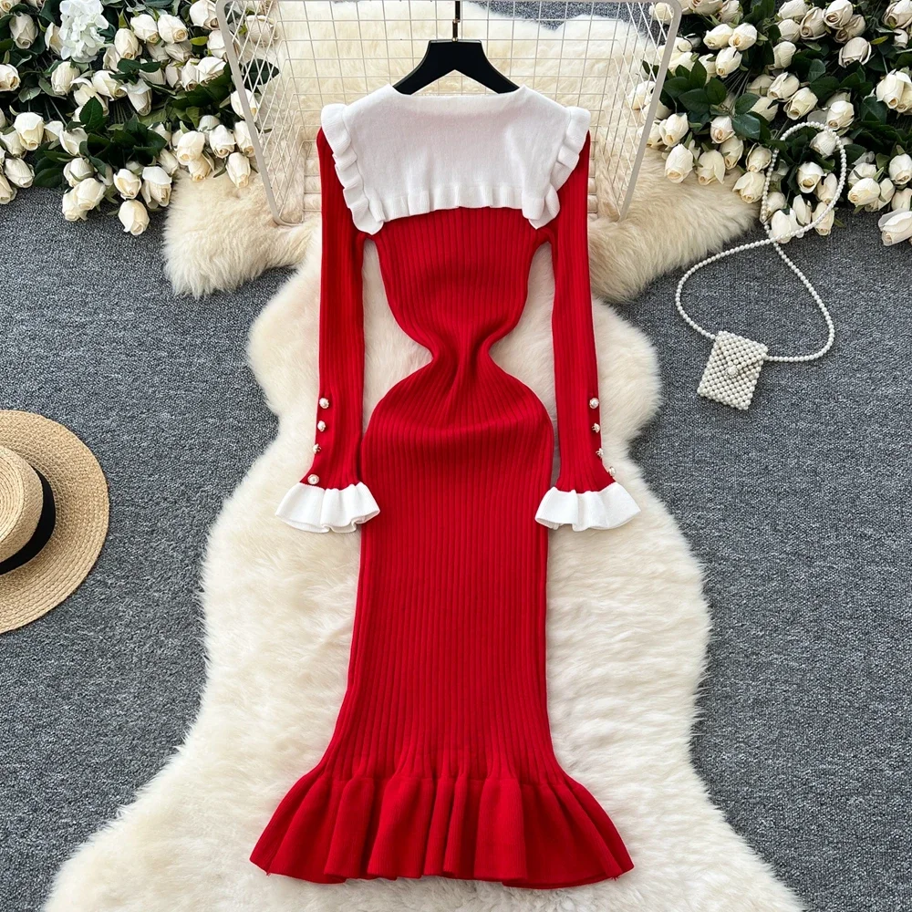 2024 Ruffled Patchwork Knit Maxi Dress For Women Elegant Ribbed Long Sleeve Party Dress Gown Slim Knitwear Fashion Long Dress