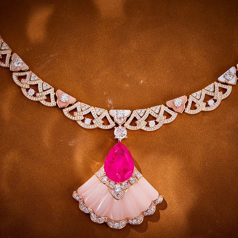 Designer Collection Style Women Lady Dinner Party Jewelry Sets Settings Cubic Zircon Pink Fan-Shaped Pendant Necklace Earrings