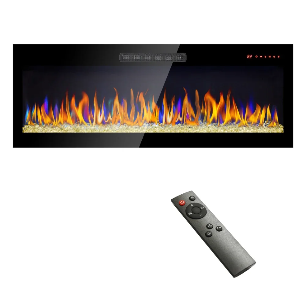 

50 Inch Recessed Ultra Thin Tempered Glass Front Wall Electric Fireplace Remote Multi Color Flame & Emberbed, LED Light Heater