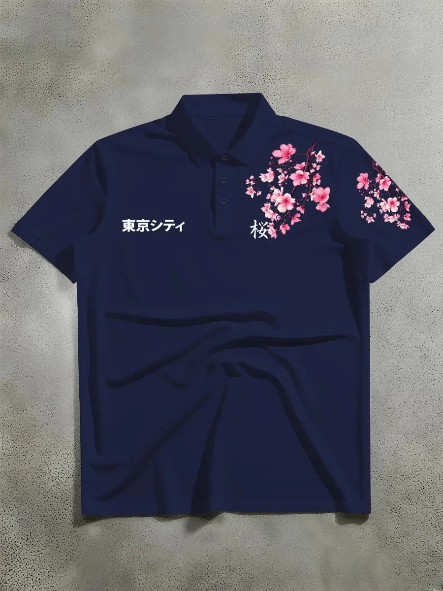 Y2k Tokyo Cherry Blossom Poloshirts Herren Golfshirts Vintage Streetwear T-Shirts Übergroße Minimalistische Modische Harajuku-Shirts – Detail 6