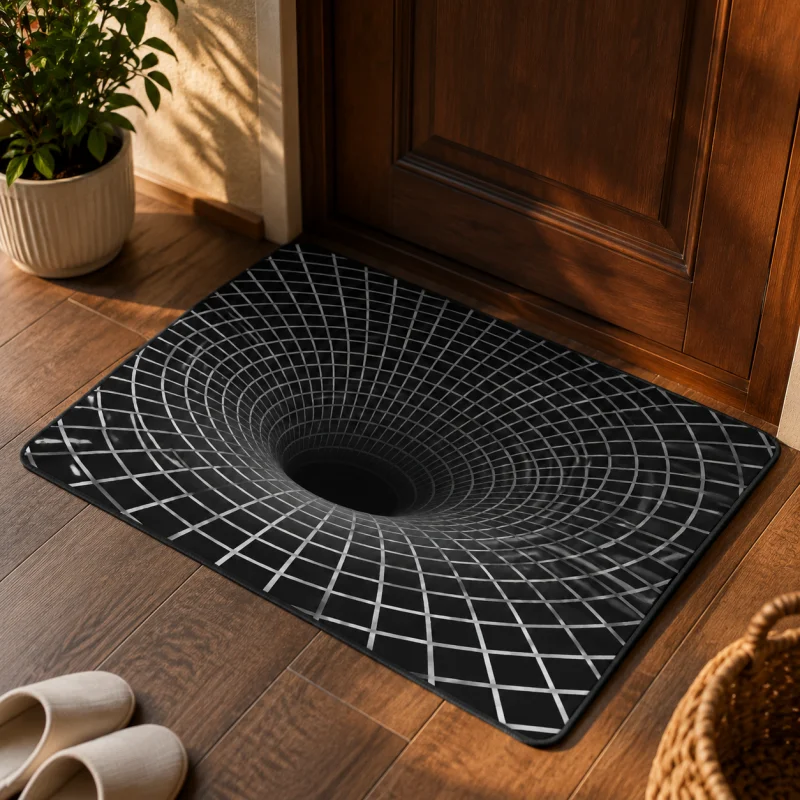 Tapis de sol antidérapant et absorbant l'eau VIKAMA 3D Black Hole Grid Illusion pour entrée principale, salle de jeux intérieure, décoration intérieure