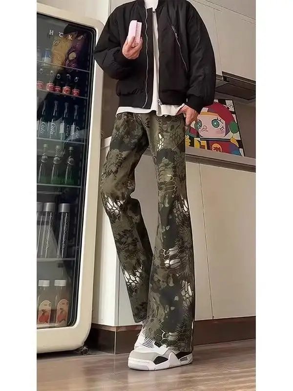 

Camouflage Snake Skin Wide Leg Men's Jeans Autumn Winter American Sle Haome Long Leg Straight Workwear Trousers