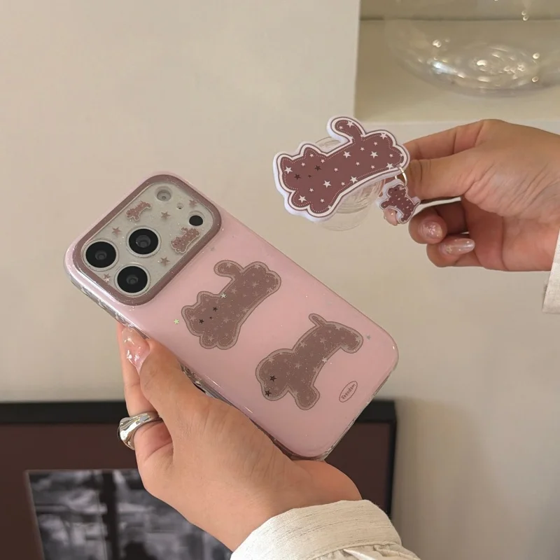 Korean Glitter Sequins Star Puppy Cartoon Phone Case For iPhone 17 Pro 16 15 14 Pro Max Cover with Stand Fashion Cute Protective