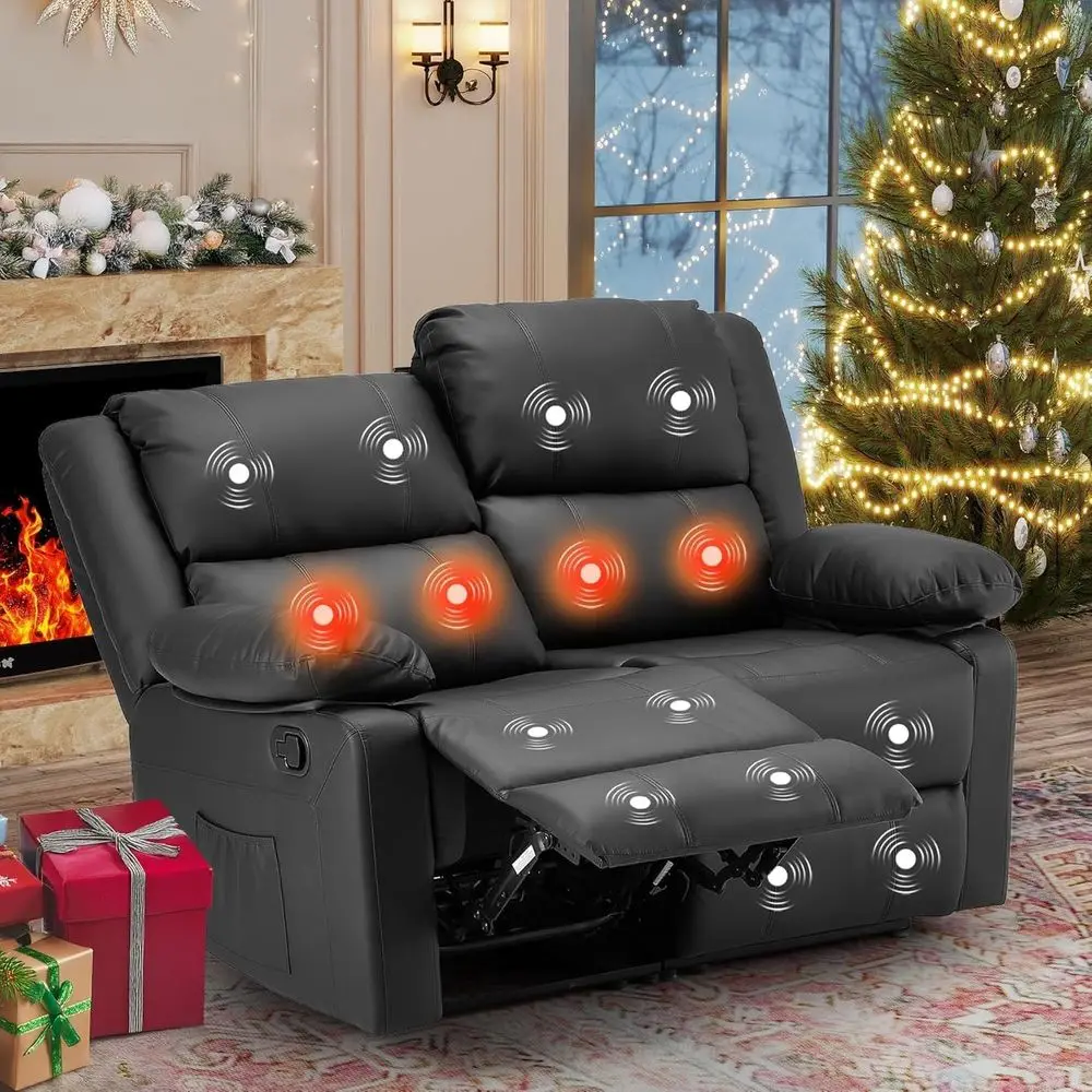 Black Customizable Home Theater Reclining Sofa with Massage & Heat, Wall-Hugger Design, Side Pockets for Living Room