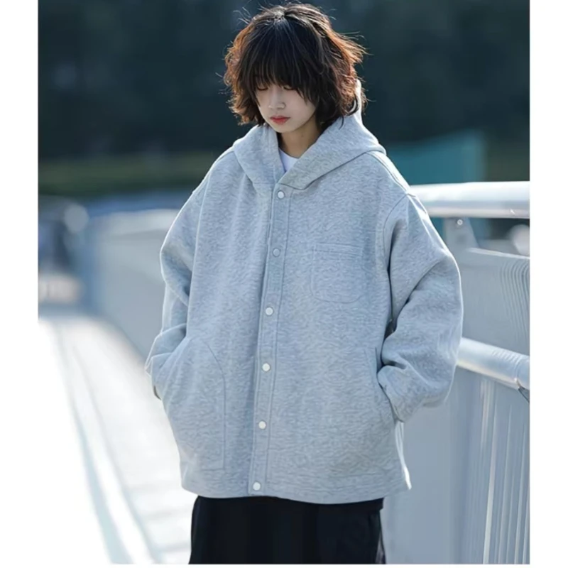 Japanese spicy girl retro solid color plaid hooded cardigan sweatshirt spring autumn American loose casual couple sweatshirt