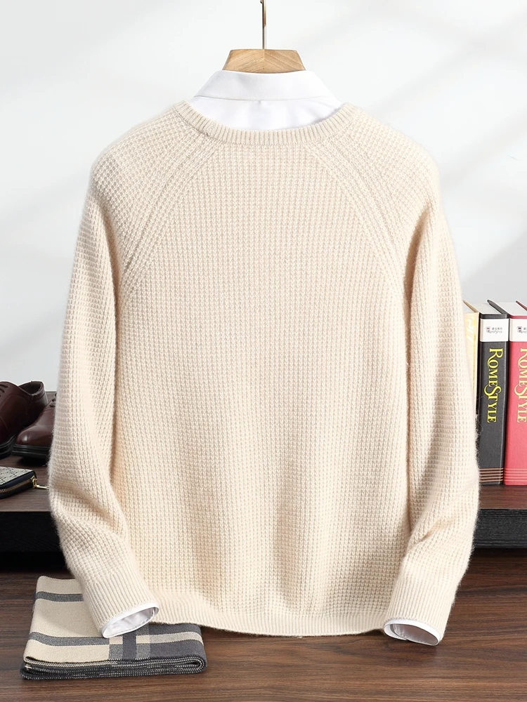 Autumn Winter 100% Cashmere Pulllover Sweater Men's O-neck Smart Casual Soild Thick Basic Kintted Raglan Sleeve Tops High-end