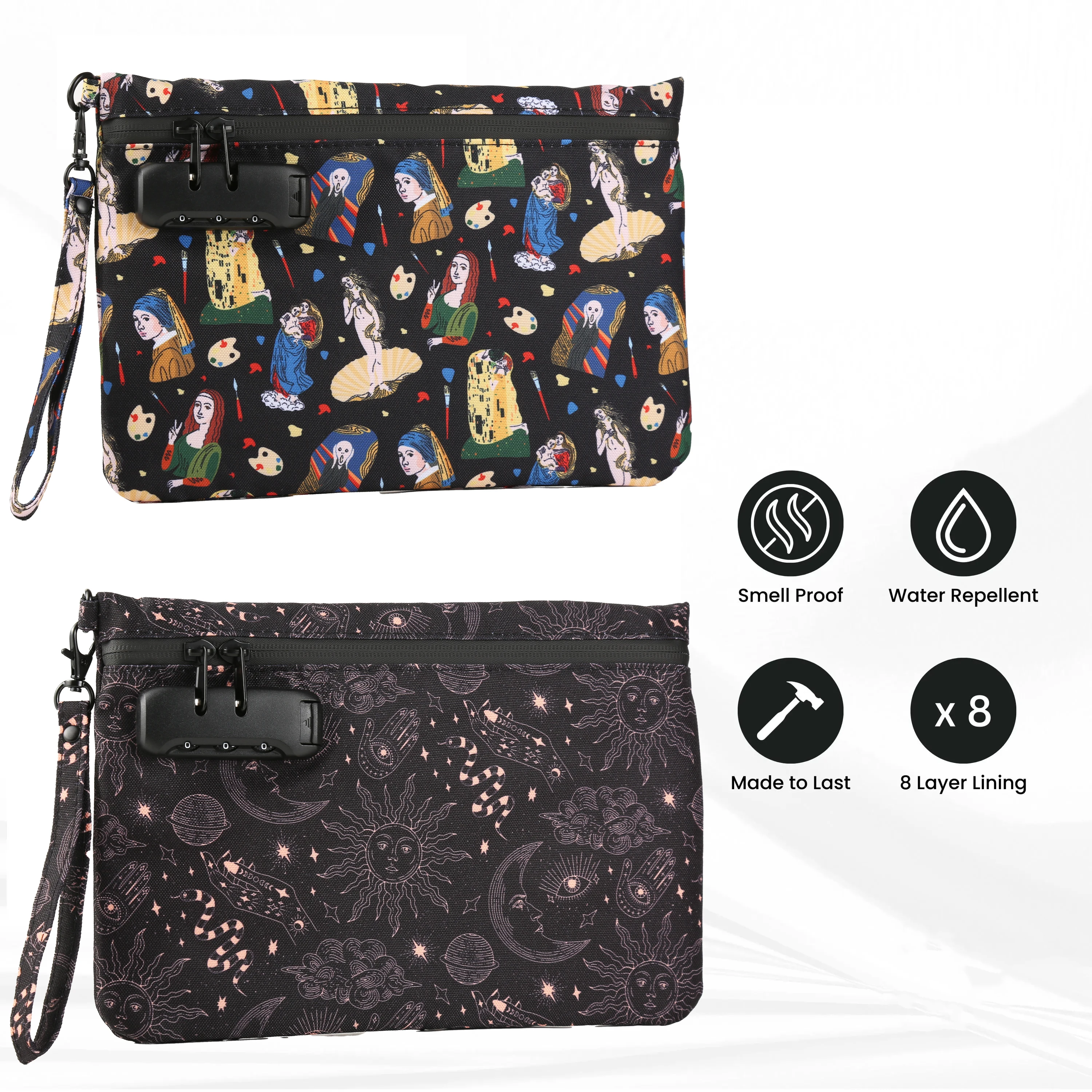 

Сумка-мешочек с художественным принтом шедевров, ремешком на запястье и сумкой с защитой от запаха с безопасным замком