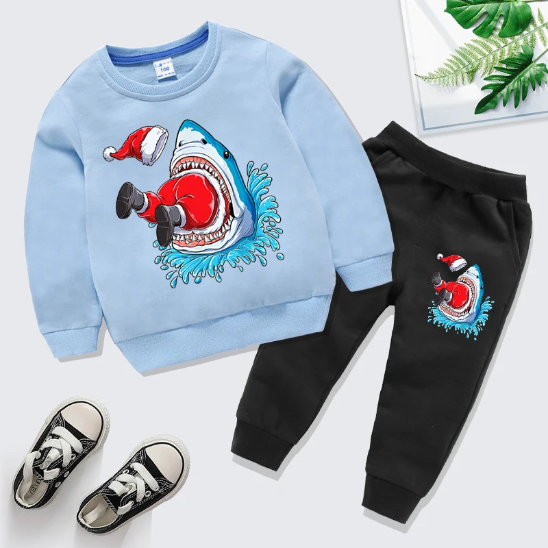 Kids Clothing Funny Sharks Eat Santa Claus Print Pullover+Pants 2pcs Sets Girls Boys Long Sleeve Creative Sweatshirt Tracksuits