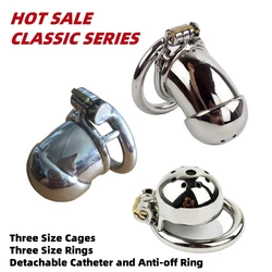 Slave Male Chastity Device Metal Cock Cage Penis Ring Urethral Catheter Fetish Anti-off Ring Bondage Belt Lock Adult Sex Toys