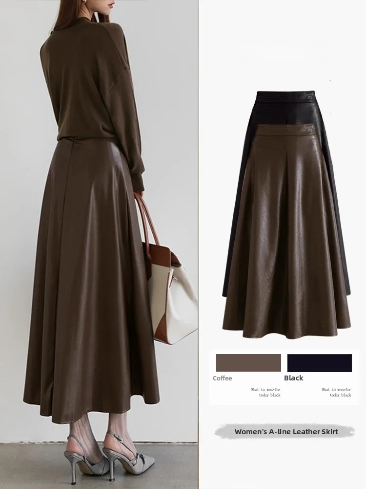 

High Waist PU Leather A-Line Skirt Women's Commuter Style Midi Skirt Spring Autumn Winter Fashion Half-length Skirt