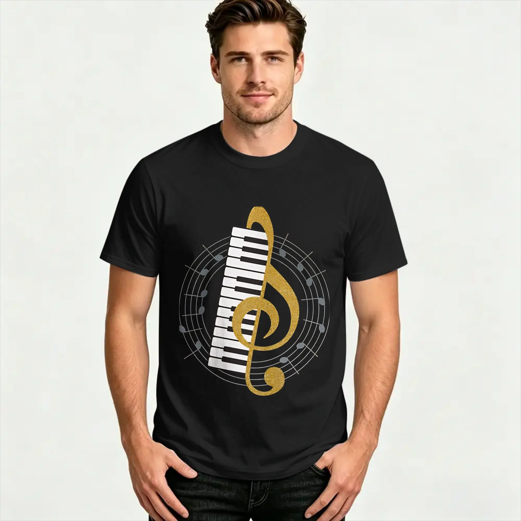 Piano Key Treble Clef  T Shirt Summer  Pure Cotton T Shirts For Men's Casual Tee Shirt Short-Sleeved Aesthetic Top Tees