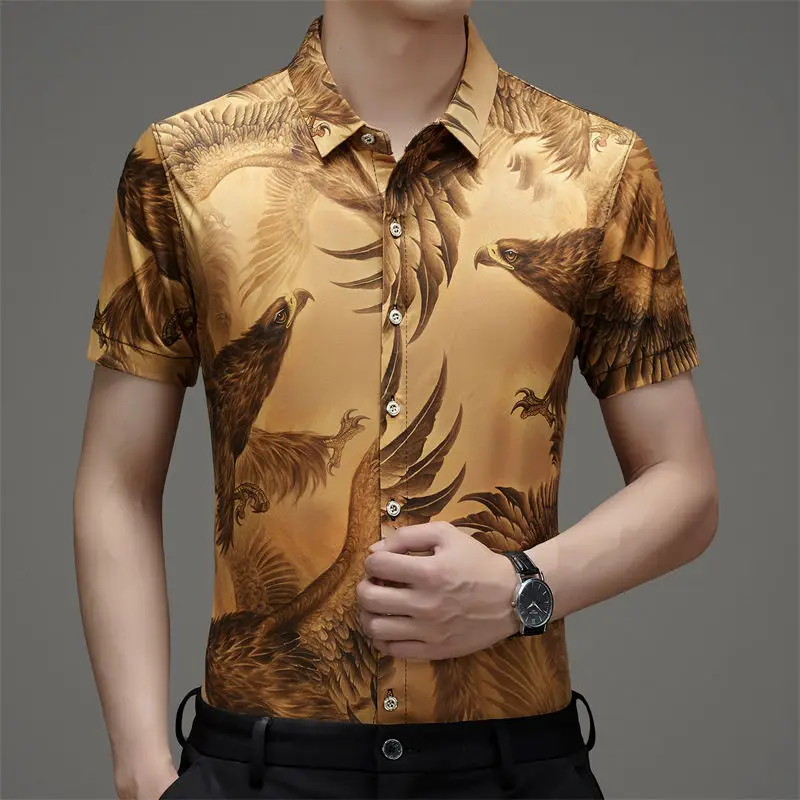 Retro Trend Summer Print Men\'s Square Neck Short Sleeved Ice Silk Casual Fashion Versatile Single Row Multi Button Shirt Tops